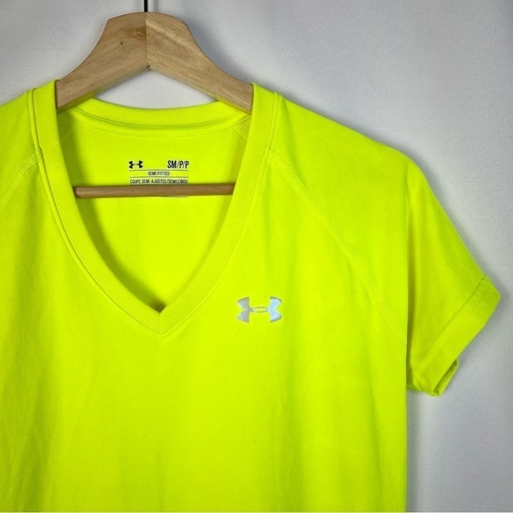 Under Armour Neon Yellow Tech V-Neck Short Sleeve Athletic Top S - Picture 3 of 4